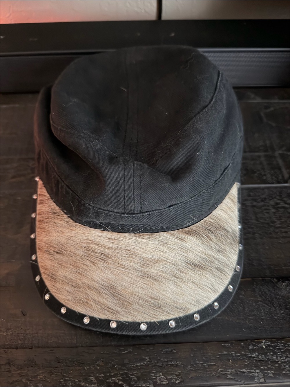 Black Canvas cadet Cap with Brown cowhide Visor and rhinestone Stud Trim
